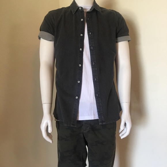 Topman Gray Muscle Fit Short Sleeve Denim Shirt - Picture 3 of 4